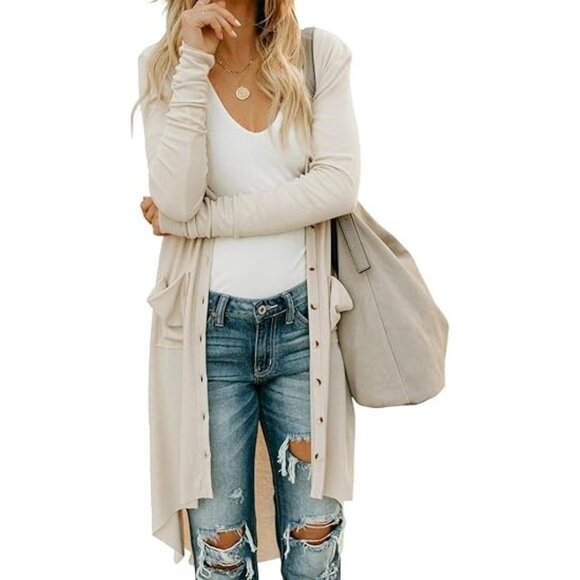 Sweaters - Women’s Open Front Cardigan Button Down High Low Hem Knitted Cardigan, Apricot